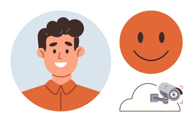 Smiling person illustration alongside cheerful emoticon and cloud-integrated security camera. Ideal for happiness, identity, surveillance, technology, cloud storage, emotions, digital innovation