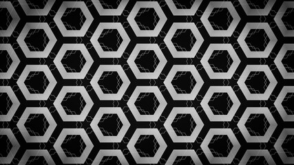 Minimalist black and white hexagonal pattern with abstract geometric shapes creating a modern and futuristic background texture