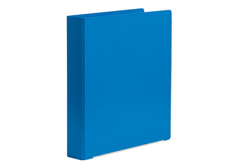 A vibrant, solid blue binder is displayed against a plain black backdrop, showcasing its rectangular form and smooth surface.