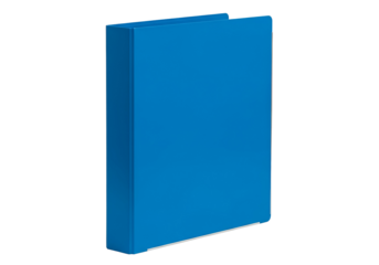 A vibrant, solid blue binder is displayed against a plain black backdrop, showcasing its rectangular form and smooth surface.