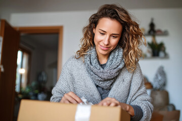 Young woman opening package at home