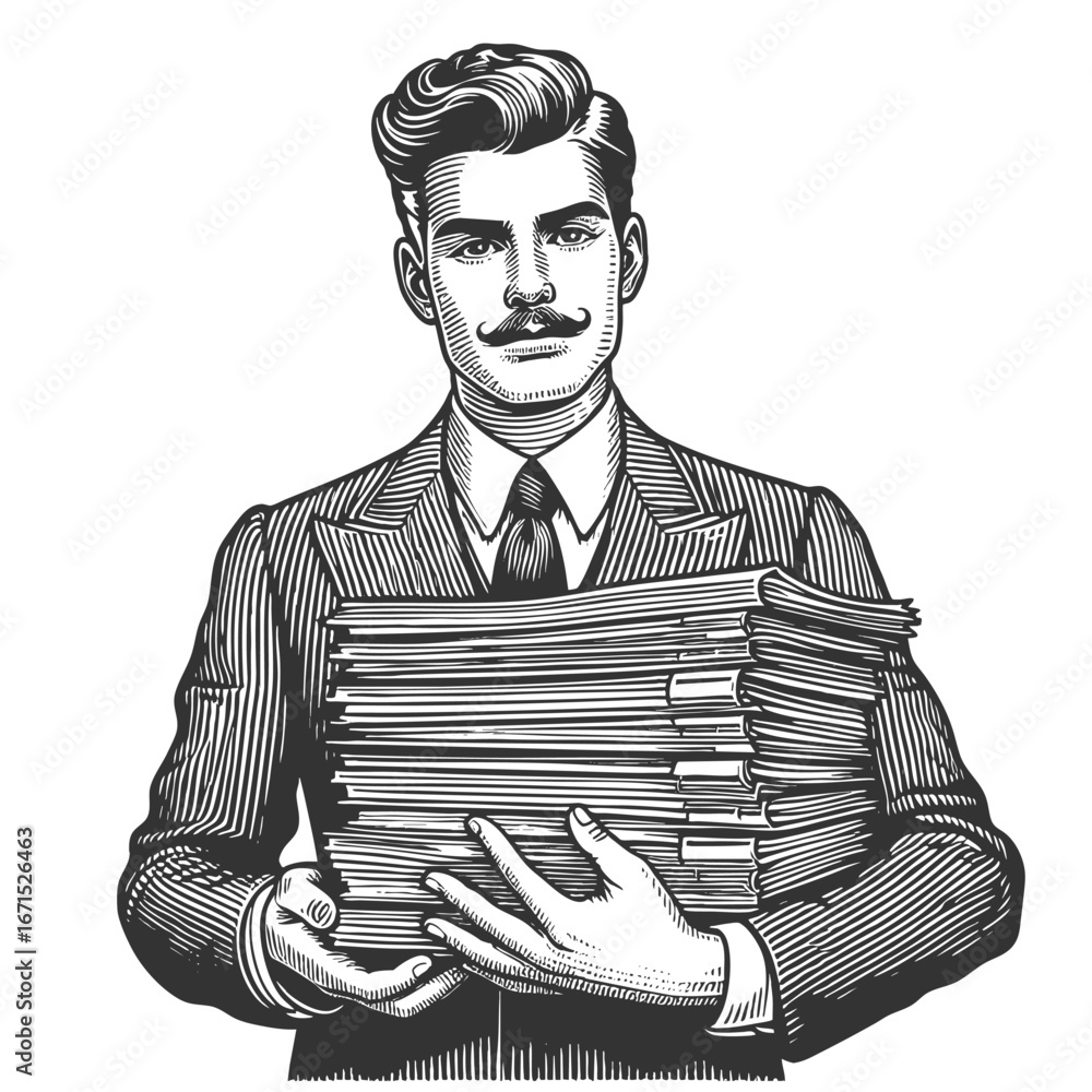Poster businessman in a suit carrying heavy stack of documents, symbolizing workload and responsibility ske