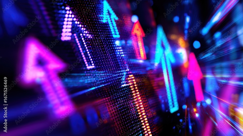 Poster vibrant abstract representation of upward trends with colorful arrows on a digital screen background