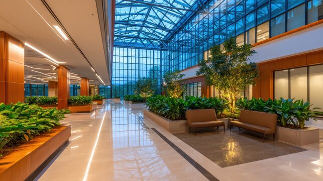 Modern office interior with glass atrium, lush greenery, and elegant seating arrangements