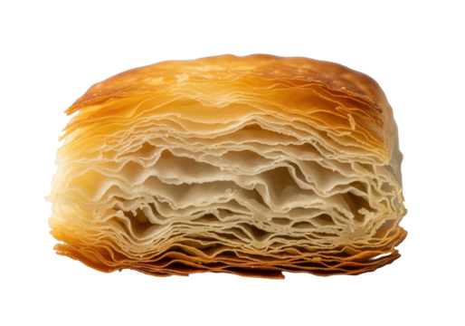 Golden-brown phyllo pastry, delicate, flaky, paper-thin layers, crispy texture, airy pockets, on spanakopita, isolated on transparent, shallow depth of field, soft studio light, culinary artistry