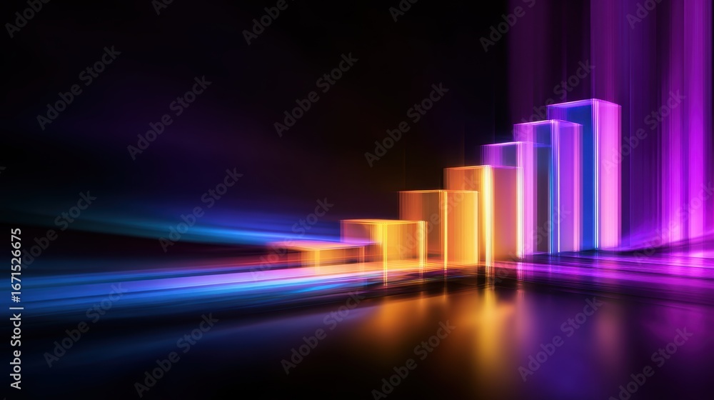 Poster colorful abstract bars representing growth and progress, with dynamic light streaks in a dark backgr
