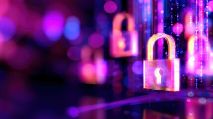 Colorful digital locks representing cybersecurity in a vibrant, abstract background with glowing elements