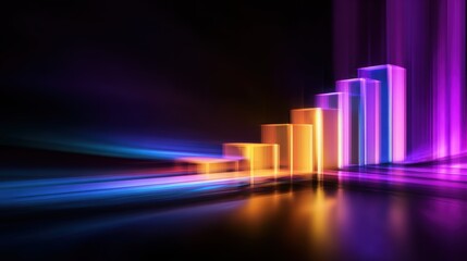 Colorful abstract bars representing growth and progress, with dynamic light streaks in a dark background