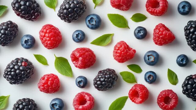 Berry pattern raspberries, blackberries, blueberries, and leaves on white