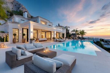 Ultra-luxury Spanish villa perched on a hillside at the end of sunset, soft golden and pink sky fading into twilight, warm candlelight glowing throughout the outdoor terrace and po