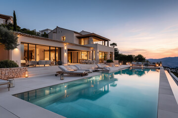 Fototapeta premium Ultra-luxury Spanish villa perched on a hillside at the end of sunset, soft golden and pink sky fading into twilight, warm candlelight glowing throughout the outdoor terrace and po