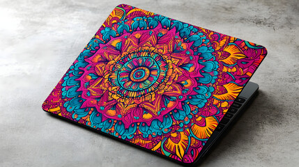 Vibrant mandala laptop skin adds personalized artistic flair and creative energy to your modern technology.