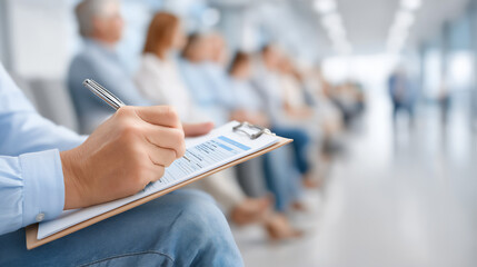Patient filling out medical form in hospital waiting room.