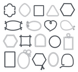 Silhouetted rope frames. Different shapes borders from tightrope, tassels at ends, decorative sea nautical cords marine elements circle, square and heart form, splendid vector isolated set