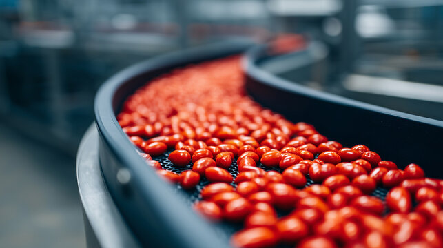 Close-up of red tomato moving along a conveyor belt in an industrial factory.