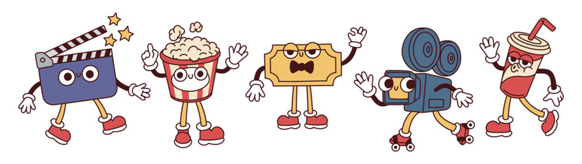 Movie characters. Groovy kino mascots, funny cinema elements with retro faces, hands and feet, filming, movie production, video camera, popcorn and drink, garish vector isolated cartoon set