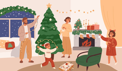 Happy family decorates Christmas tree. People preparing for new year celebration, cozy home interior, fireplace, kids and parents winter holidays, garish vector cartoon isolated concept