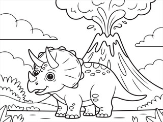 Triceratops in Volcanic Landscape – Fun Dinosaur Illustration for Kids to Color