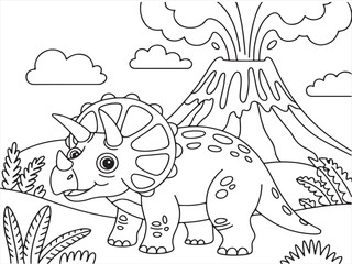 Triceratops Dinosaur with Volcano Eruption – Fun Prehistoric Scene for Kids’ Coloring