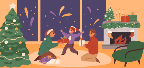 Family exchange Christmas gifts. Happy child with mom and dad, new year surprise box under tree, cozy home interior, celebration scene cartoon flat style isolated garish vector concept