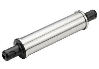 A polished stainless steel rolling pin with black handles is featured in a  shot against a black background.