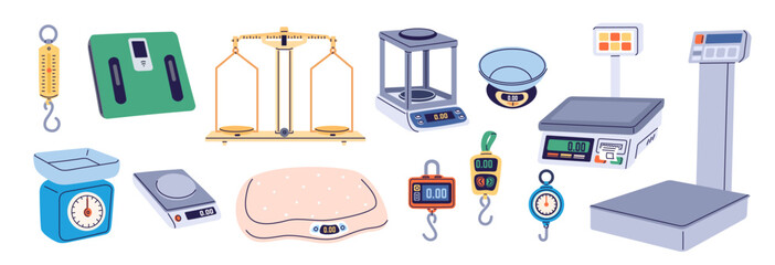 Different scales types. Weight measurement, cartoon electronic and mechanical devices, outdoor, cargo suspended, tabletop, electronic and analog libra equipment, garish vector isolated set