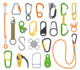 Climbing accessories. Mountaineering, bouldering equipment, guy ropes and carabiners, safety clip tools, grips stoppers, extreme sport and tourism supply qualitative vector isolated set
