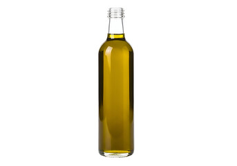 A clear glass bottle, filled with golden liquid, is presented against a black background.