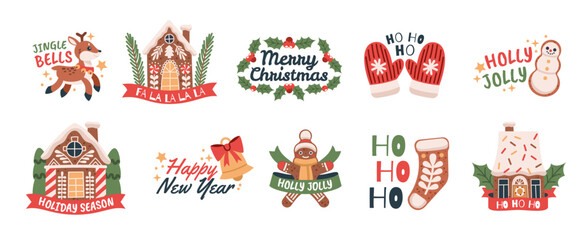 Christmas funny emblems. Holiday stickers with new year symbols, gingerbread houses, shapes, homemade sweet pastry, cute cookies, cards and posters design tidy vector cartoon isolated set