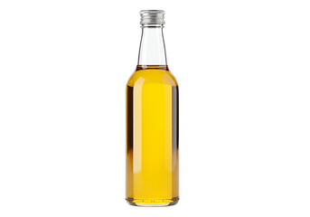 A transparent glass bottle filled with a golden liquid, featuring a metallic cap, is presented against a black background.
