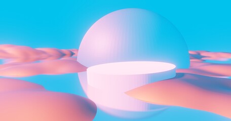 Fantasy landscape of other world, pink mountain valley and blue water. Digital painting 3d rendering