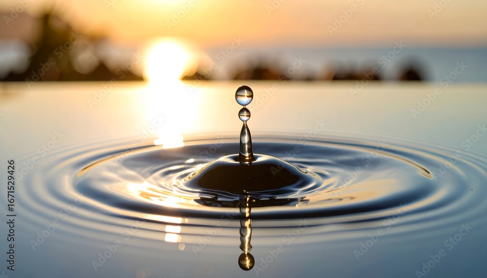 Poster a clean blue water drop splashes into a puddle creating a clear ripple and a perfect circle