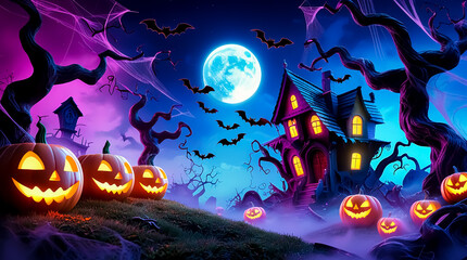 Fototapeta premium Halloween background with pumpkins, old house, creepy trees with cobwebs, bats against the moon and night sky