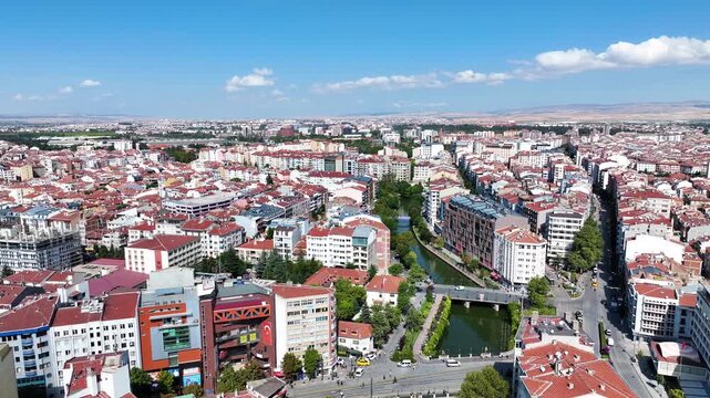 Drone footage of Eskisehir and porsuk stream - 4k view of Eskisehir
