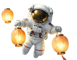 Astronaut Holding Lanterns in Space, Transparent PNG