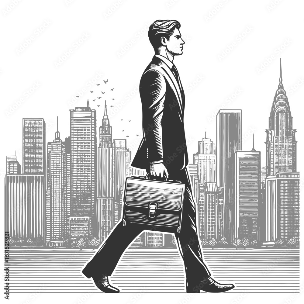 Poster man in a suit and hat carrying a briefcase, walking in city sketch engraving generative ai fictional