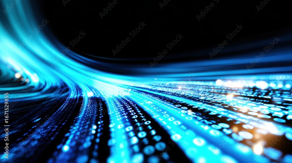 Poster abstract representation of flowing blue digital data streams against a dark background, symbolizing 
