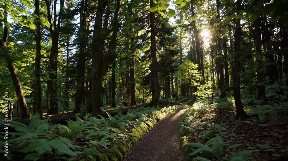 Poster a serene forest path with sunlight filtering through lush green trees, captured from a low-angle, cr