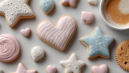 Colorful iced cookies & a coffee cup