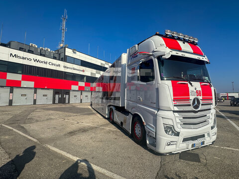 Misano, Italy : 2025 02 05 A professional racing truck, marked with the number 58 Sic58 Squadra Corse Marco Simoncelli