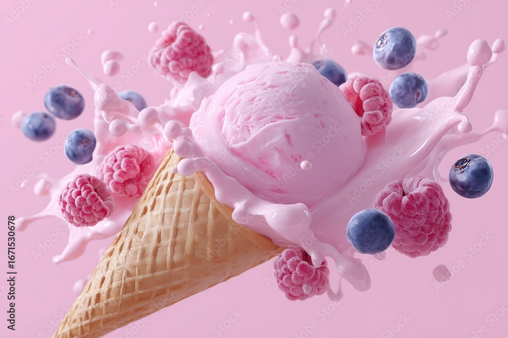 Aufkleber vibrant ice cream cone with raspberry and blueberry splashes against a pink background during a summ