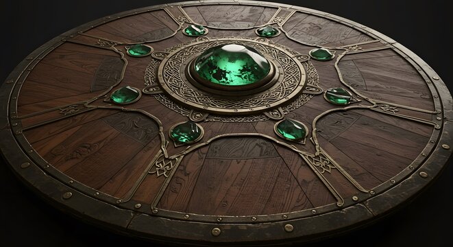 Detailed Wooden Shield with Emerald Gems on Dark Background
