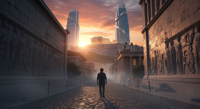 Silhouette Man Walking Ancient Cobblestone Street at Sunset