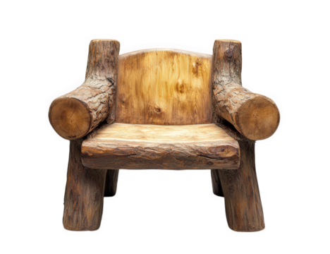 Rustic wooden log chair isolated on transparent background in a studio shot