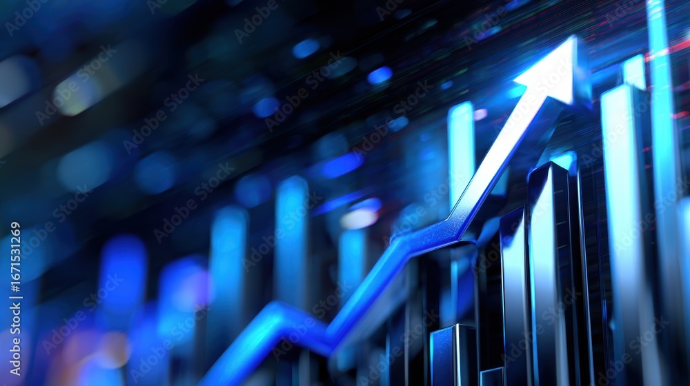 Poster a dynamic blue graph illustrating upward trends in data analytics against a blurred digital backgrou