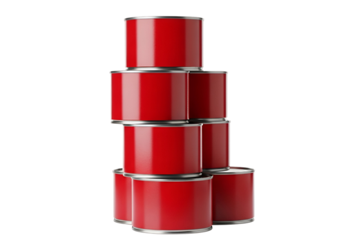 A stack of vibrant red metal cans, artfully arranged, creates a visually appealing design against a stark black backdrop.