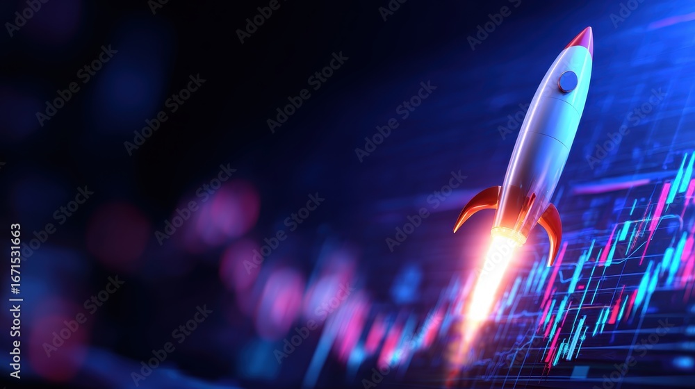 Poster a dynamic rocket launches against a backdrop of digital graphs and data, symbolizing technological a