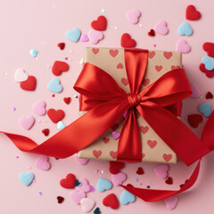 A beautifully wrapped gift adorned with a large red satin bow surrounded by heart shaped confetti