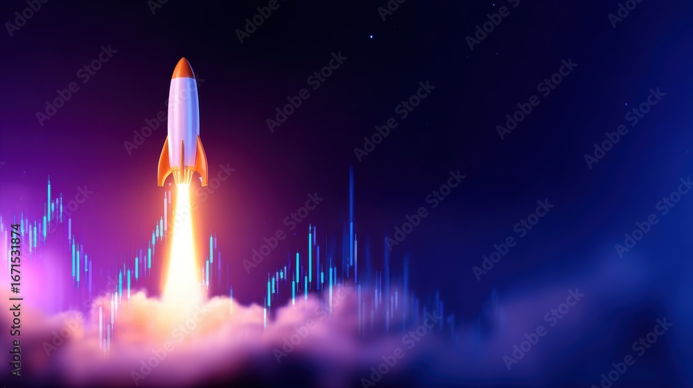 Poster a rocket launching into space with vibrant colors and digital graphs depicting growth in the backgro