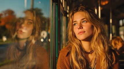 Moody portrait of young woman looking through tram window at sunset, reflective cinematic scene ideal for editorials or book covers